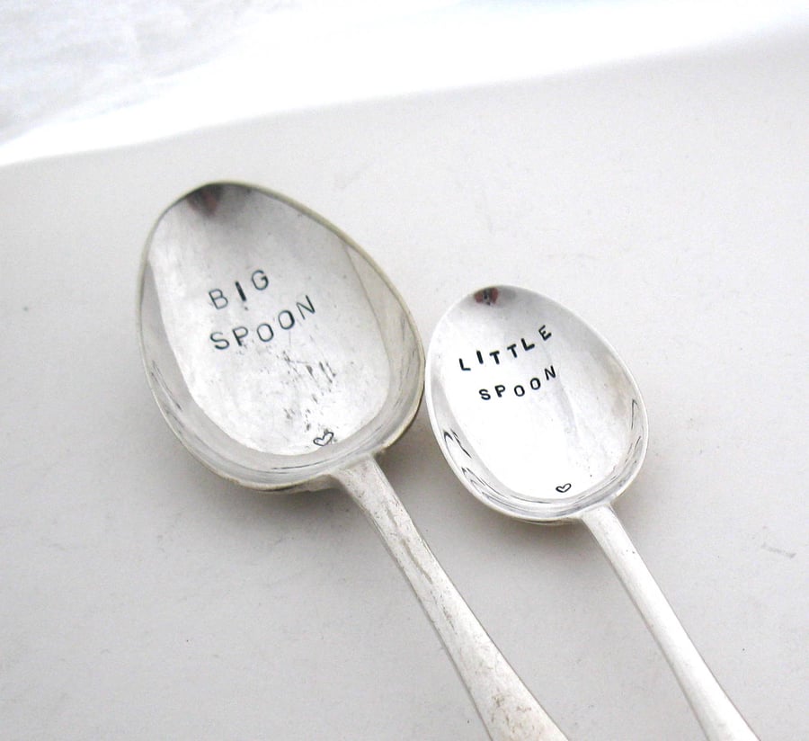 Two Handstamped Vintage Spoons, Big and Little Spoon, Valentine Gift