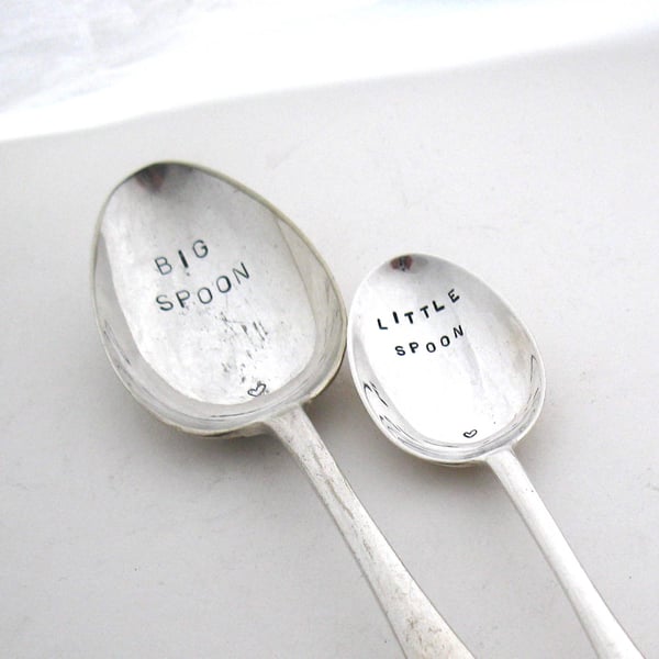 Two Handstamped Vintage Spoons, Big and Little Spoon, Valentine Gift