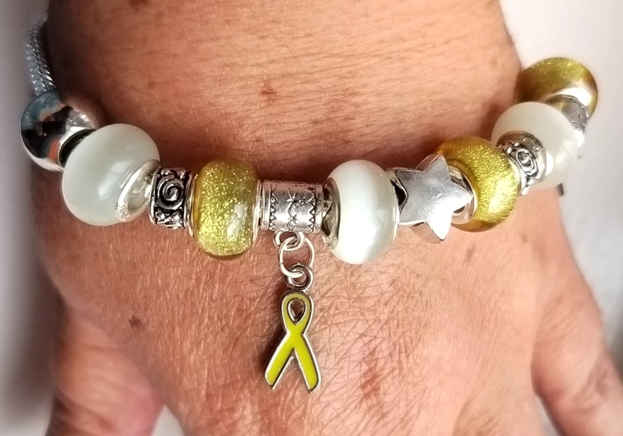 Image of Cancer Awareness Charm Bracelet Yellow Glitter & White European 8" 20cms
