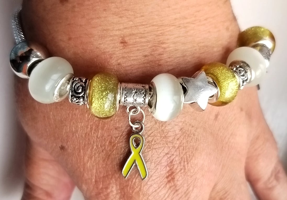 Cancer Awareness Charm Bracelet Yellow Glitter & White European 8" 20cms