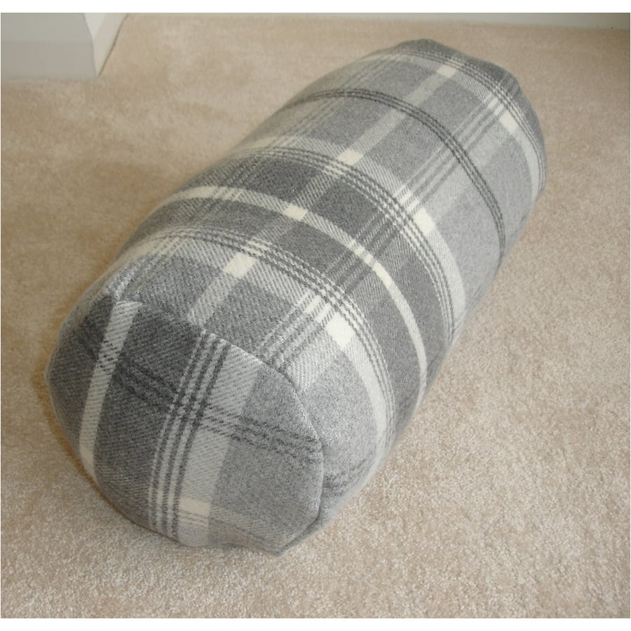 Bolster Cushion Cover 16" x 6" Round Neck Roll Pillow Grey Wool Feel Tartan
