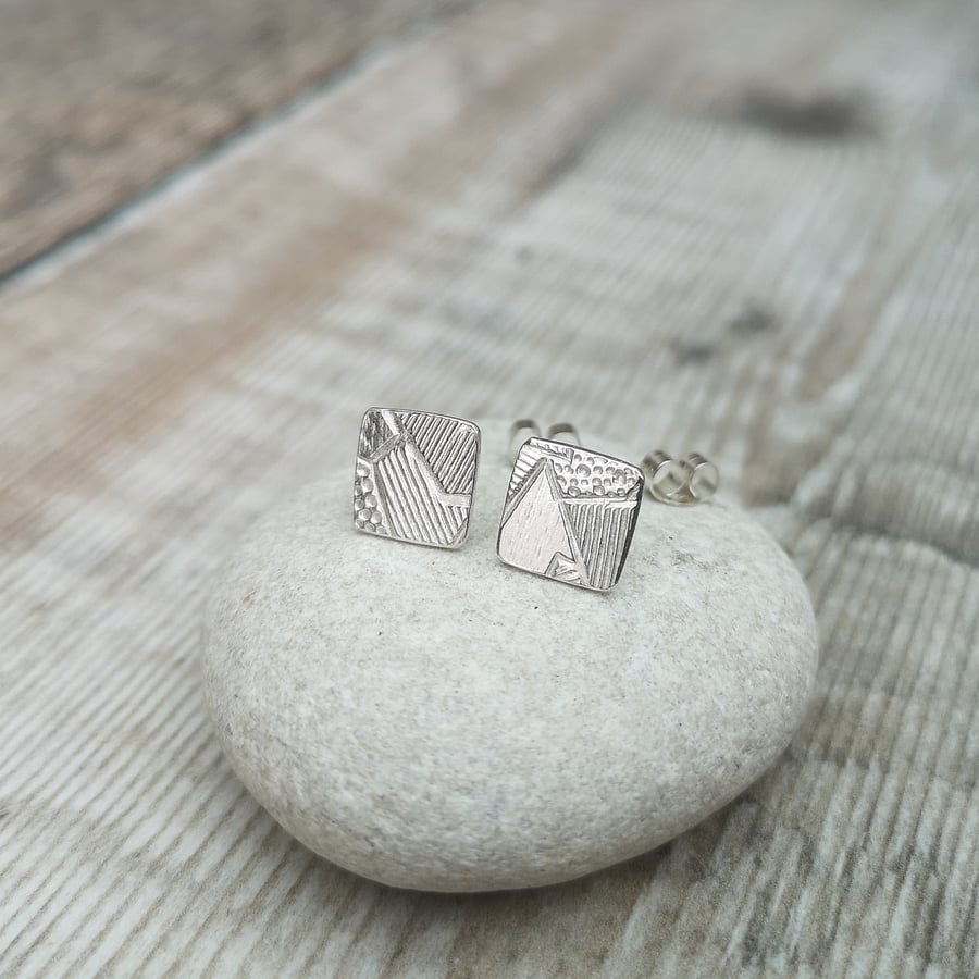 Sterling Silver Patterned Square Stud Earrings