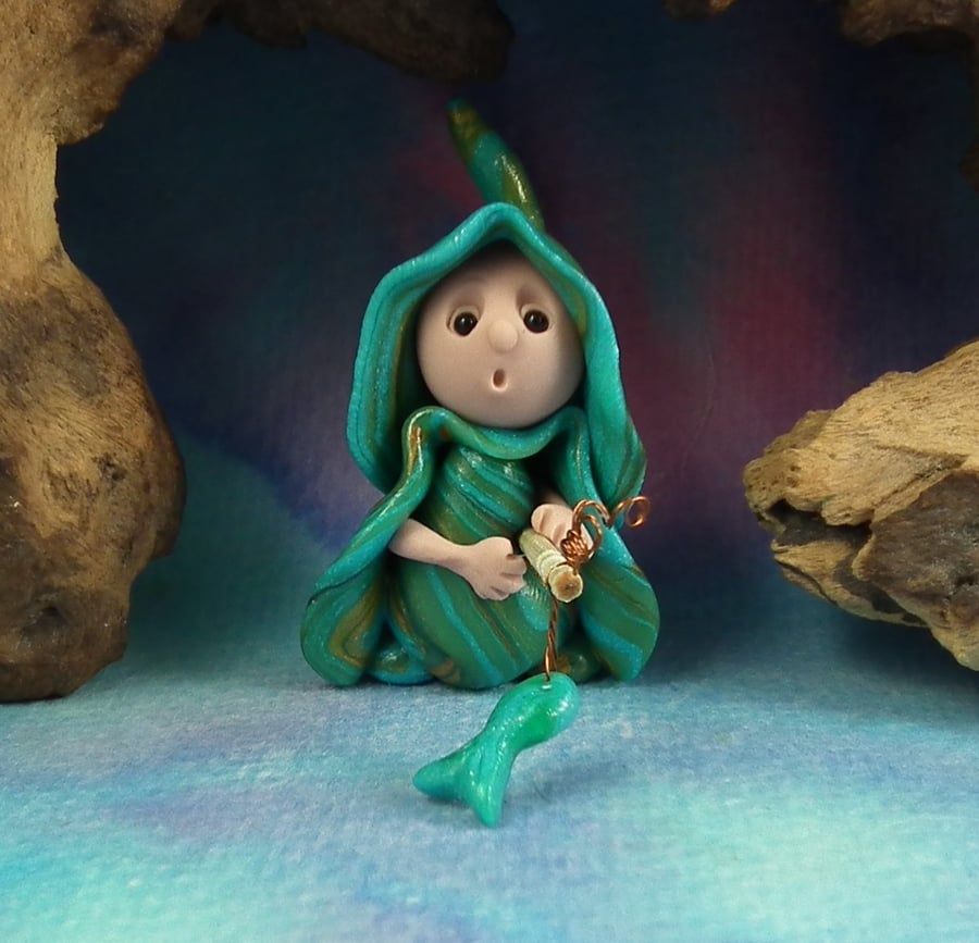 Autumn Special ... Tiny Country FisherGnome 'Frynn' with fish by Ann Galvin