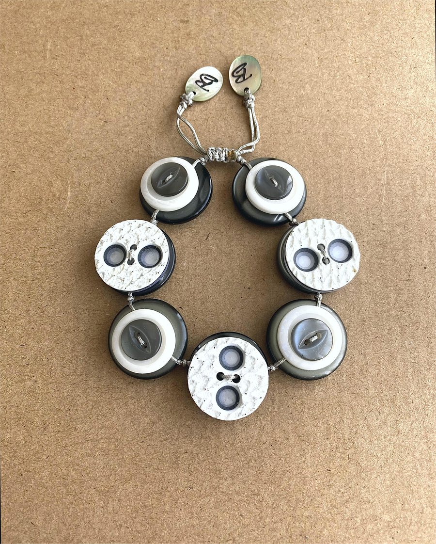 Grey and White Color Theme - Vintage Button Adjustable Handmade  Bracelet 