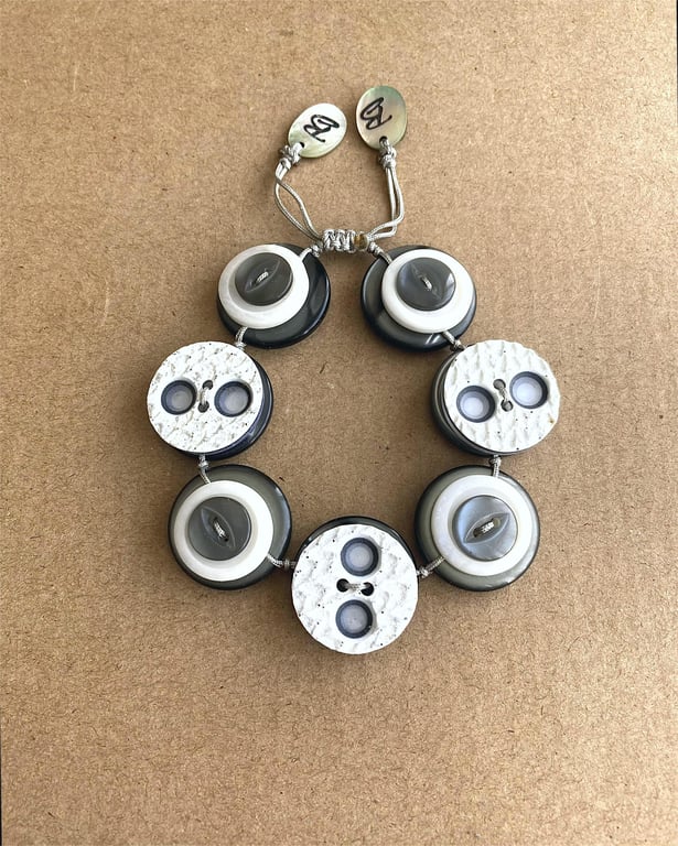 Grey and White Color Theme - Vintage Button Adjustable Handmade  Bracelet 
