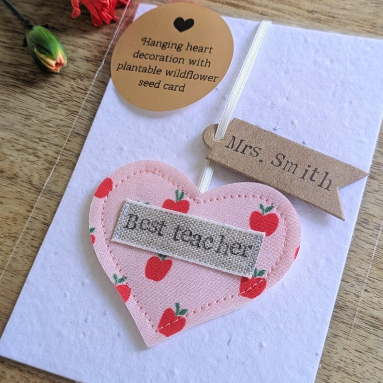 'Best Teacher' Hanging Heart Keepsake & Plantable Wildflower Seed Card 