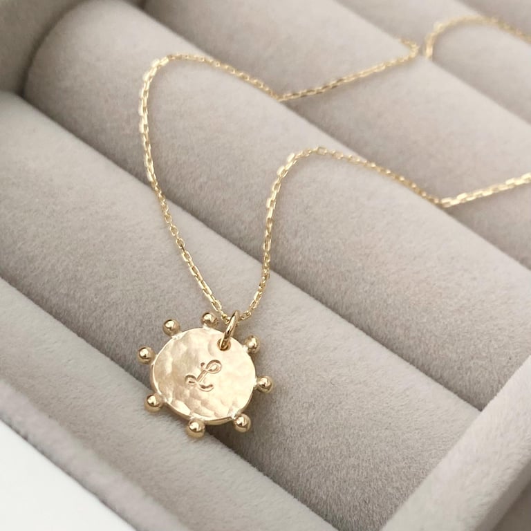 Handmade 9ct solid yellow, rose or white gold sun charm pendant and chain