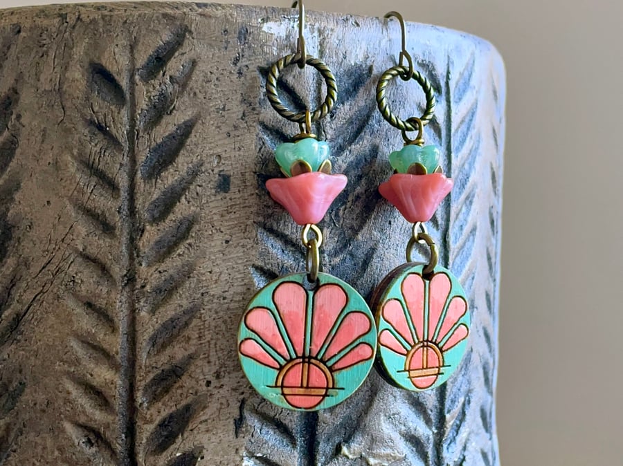 Hand Painted Wooden Charm Earrings. Czech Glass Flower Earrings. Summer Earrings