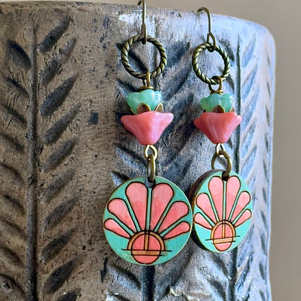 Hand Painted Wooden Charm Earrings. Czech Glass Flower Earrings. Summer Earrings