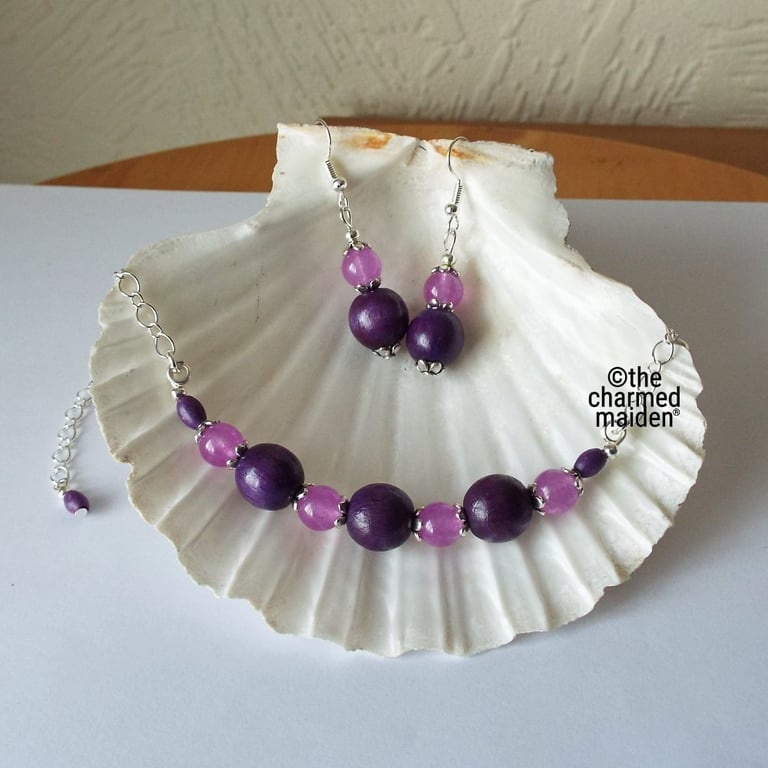 Purple Wood Bead & Jade Necklace & Earrings, Vibrant Summer Jewellery Set