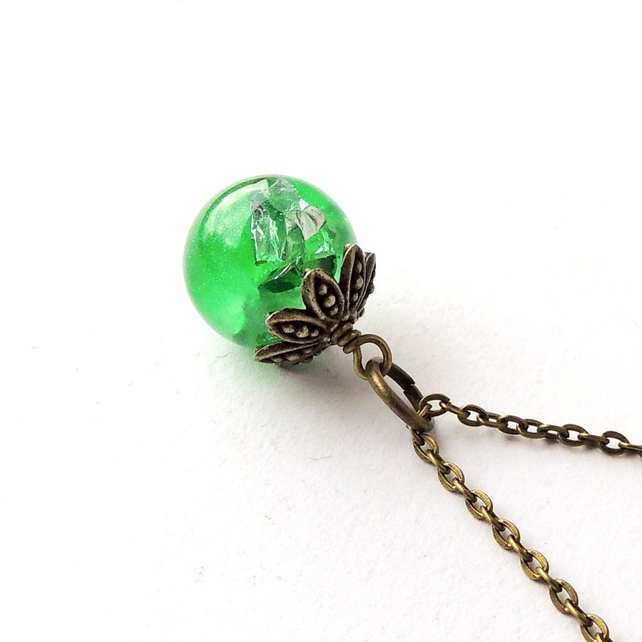 Green Resin Globe Necklace, Antique Bronze, 18" Chain   F008