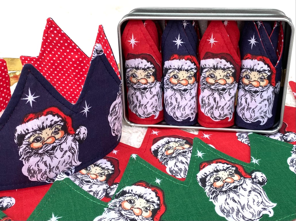 Santa Christmas Cracker Hats, Reusable Reversible Fabric Crowns, Party Hats 