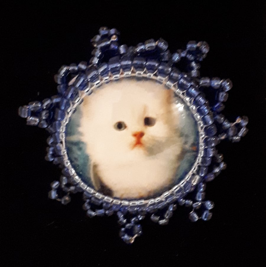 Cute white kitten cat brooch - blue