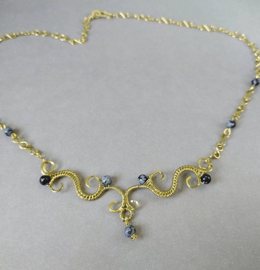 Wire Wrapped Swirly Filigree Style Brass Necklace with Snowflake Obsidian