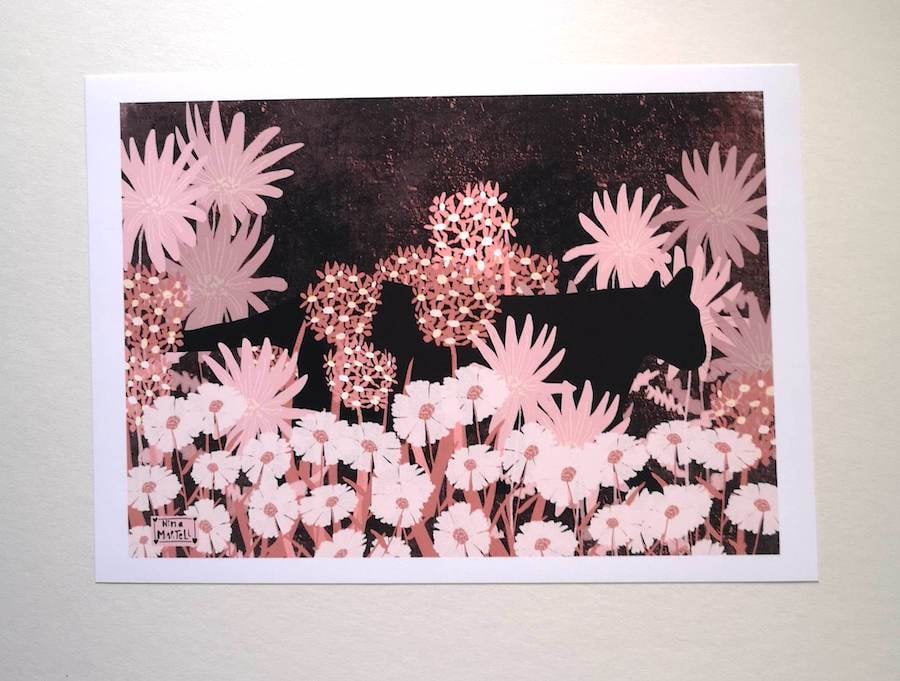 Black Cat Floral Print. A4 Print Only. by Nina Martell.