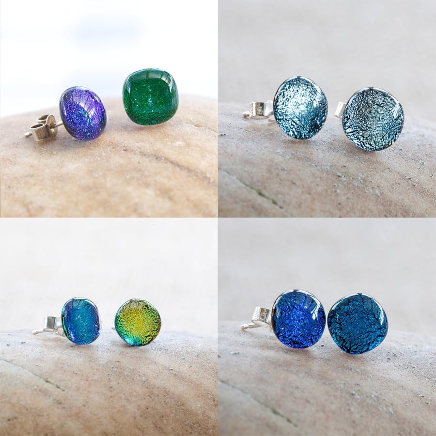 Colourful Dichroic Fused Glass Sterling Silver Stud Earrings