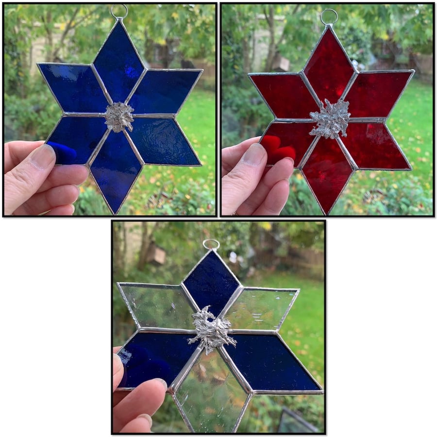 Stained Glass Snowflake Star Suncatcher with decorative centre