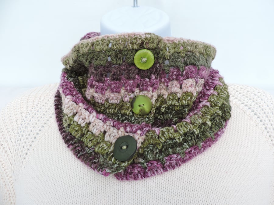 Crochet  Neck Warmer Cowl Adults Pink Purple Olive Sage Seconds Sunday