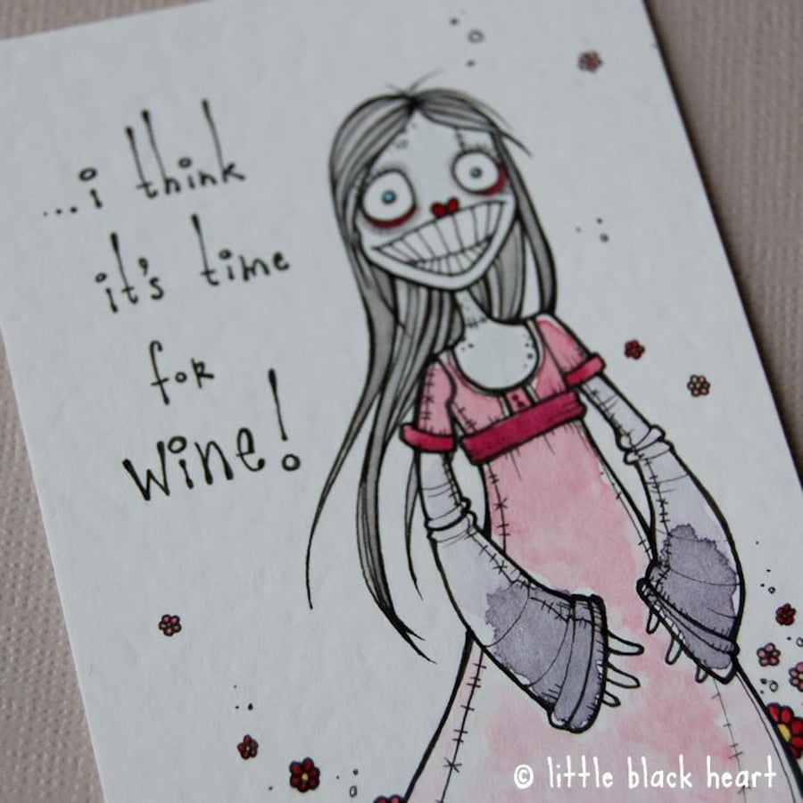 wine zombie in a pink dress - original aceo