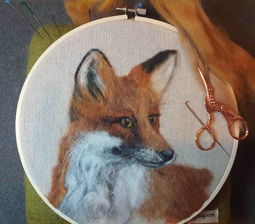 2D needlefelted fox portrait fibre art