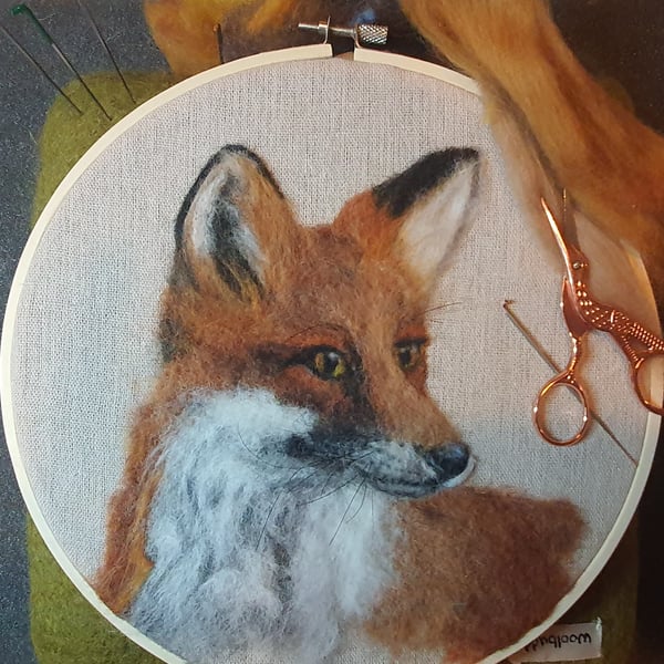 2D needlefelted fox portrait fibre art