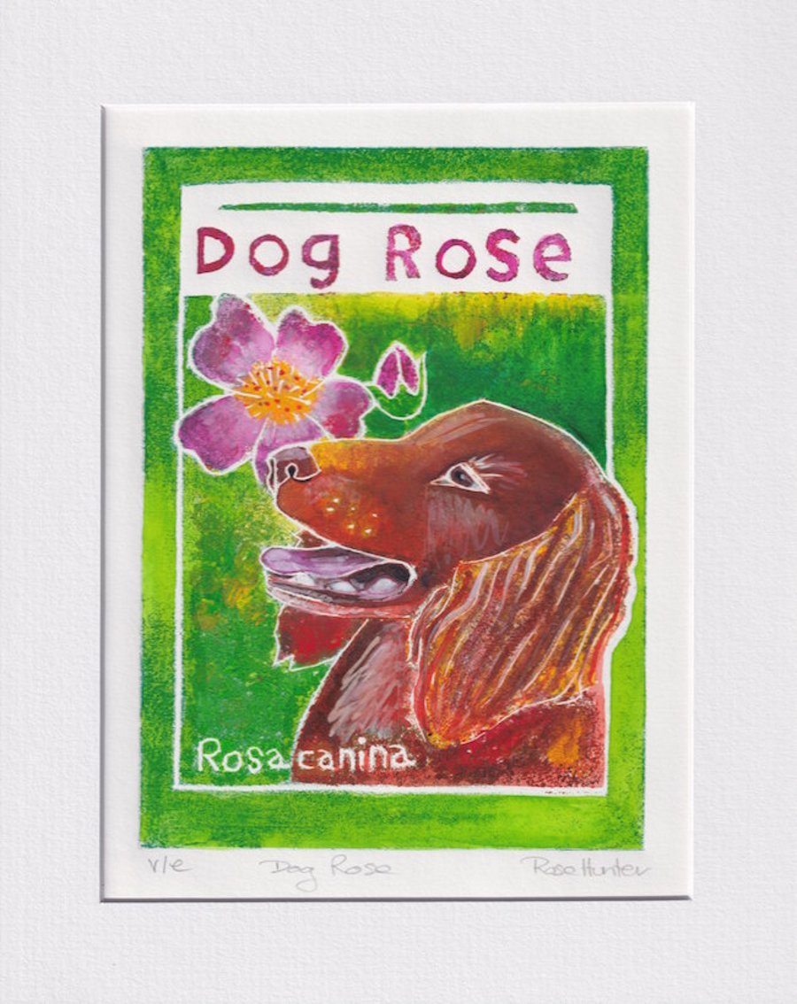 Dog Rose - original hand painted lino print 004