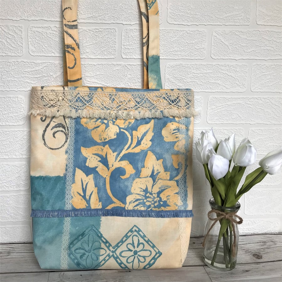 SALE, Boho-style patterned tote bag trimmed with lace and tasselled ribbon 