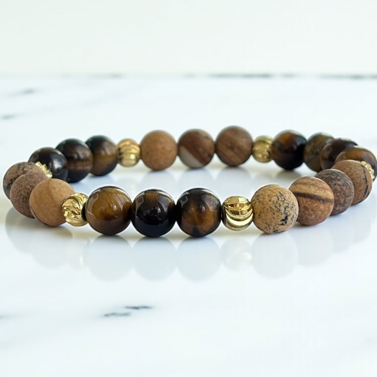 Unisex Bracelet with Tigers Eye and Matt Picture Jasper