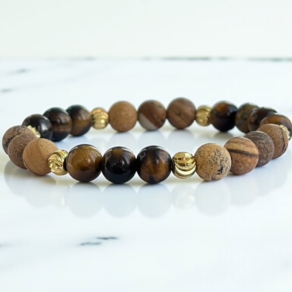 Unisex Bracelet with Tigers Eye and Matt Picture Jasper