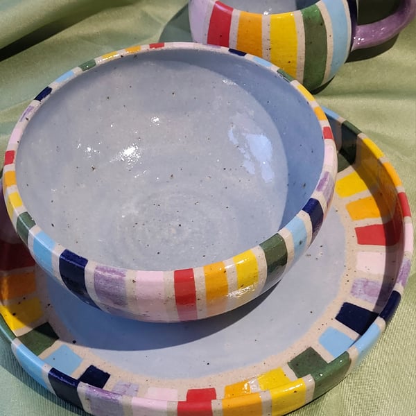 Rainbow three piece set plate, bowl and mug handmade pottery