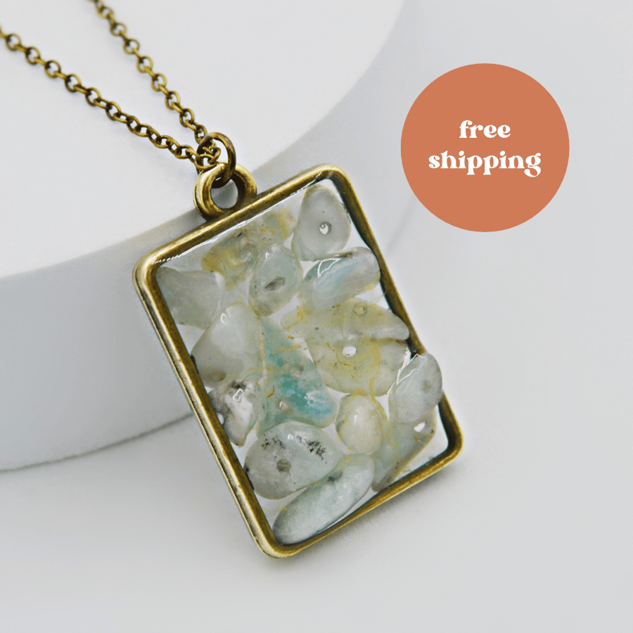 Amazonite Brass plated Rectangle Worry Stone Necklace - Free Postage