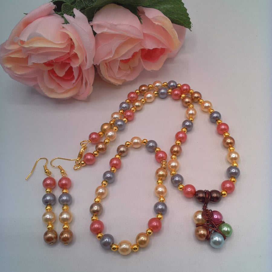 Pastel Pearl Necklace with Star Pendant, Bracelet and Earrings Set, Gift for Her