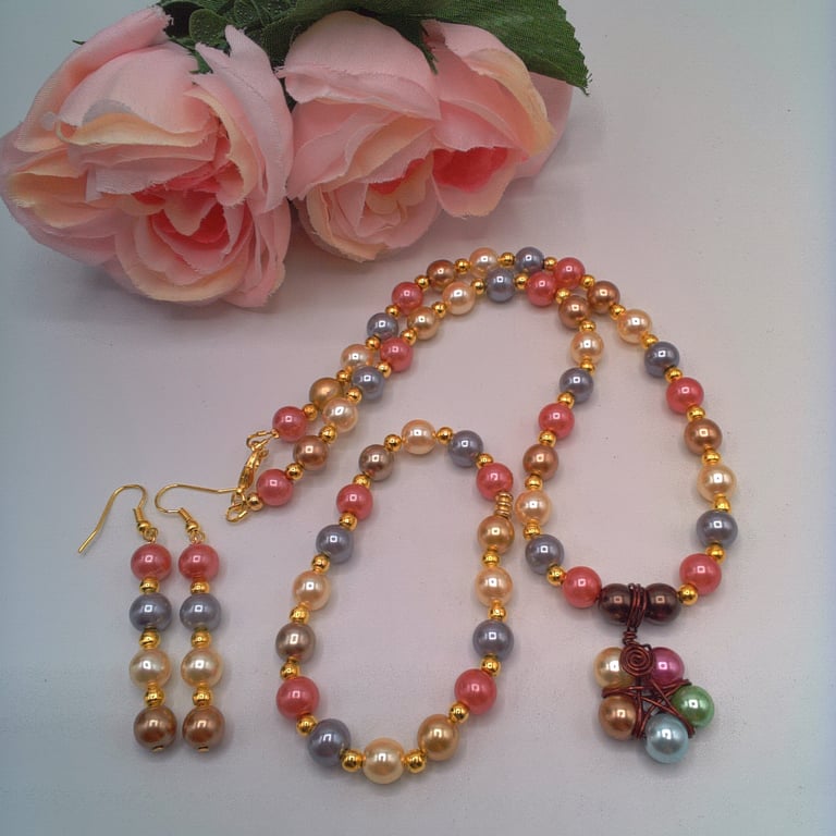 Pastel Pearl Necklace with Star Pendant, Bracelet and Earrings Set, Gift for Her