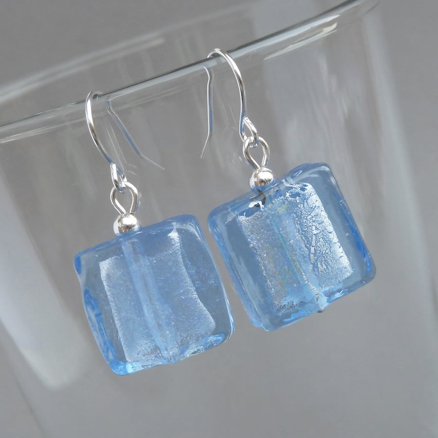 Pale Blue Fused Glass Earrings - Powder Blue Drop Earrings - Cornflower Blue