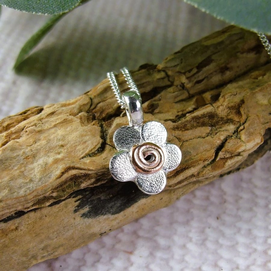 Silver Pebble Flower Necklace with Copper Accents