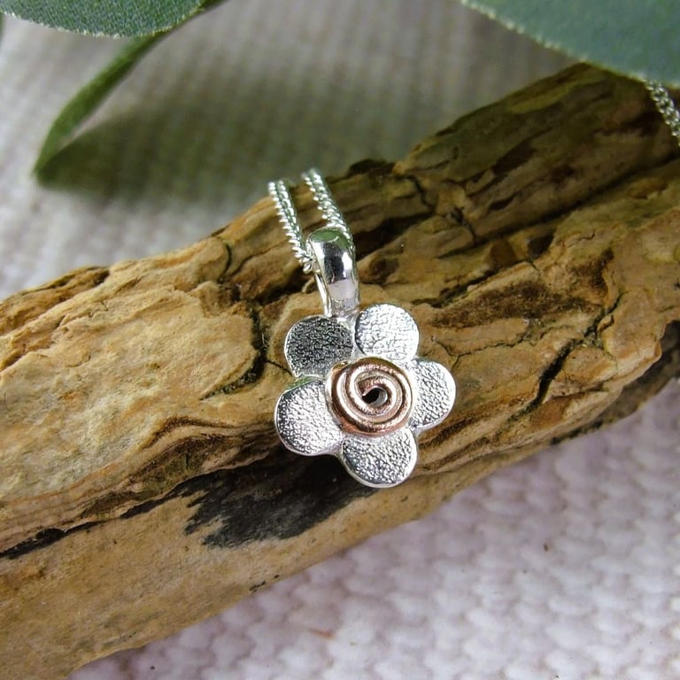 Silver Pebble Flower Necklace with Copper Accents