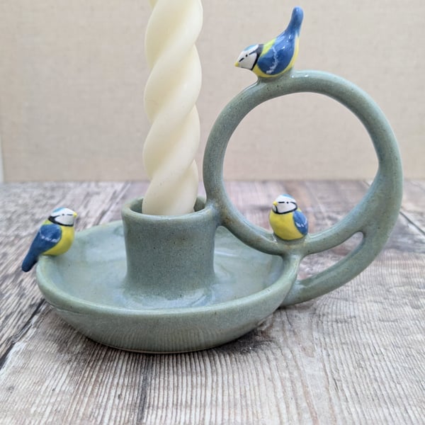 Ceramic taper candle holder with mini blue tits