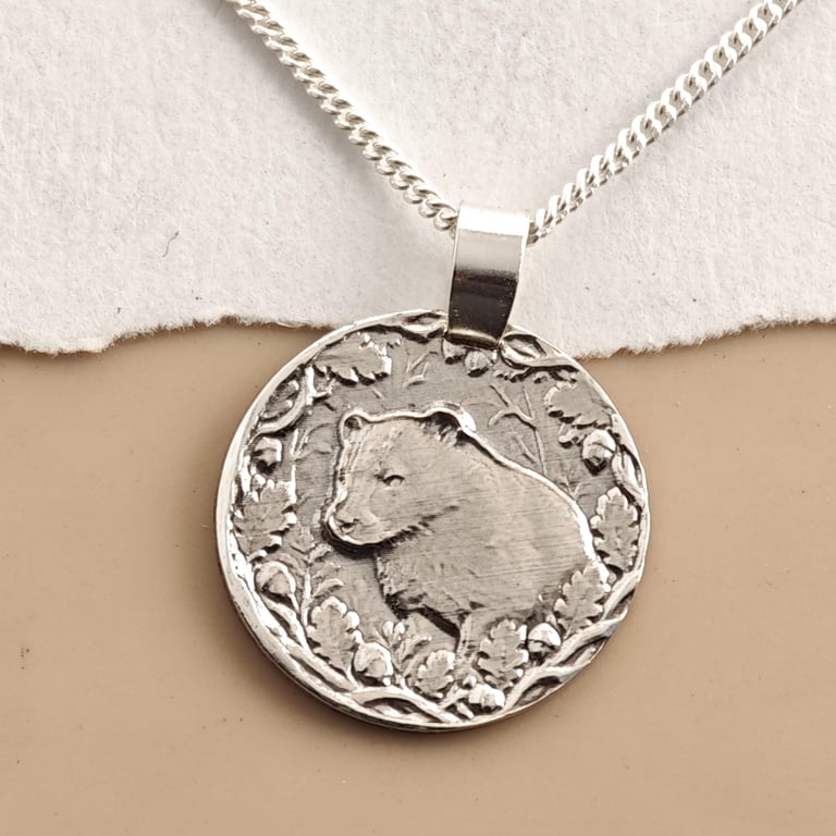 Badger Engraved Sterling Silver Coin Necklace