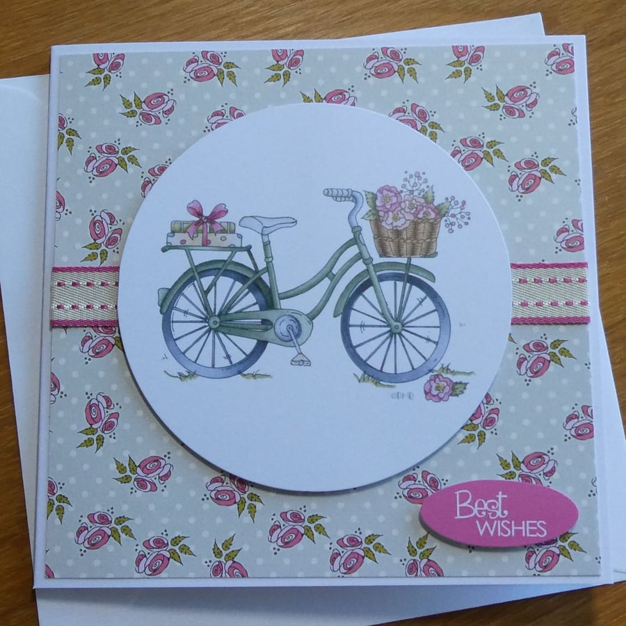 Bicycle with Basket of Flowers Card - Best Wishes