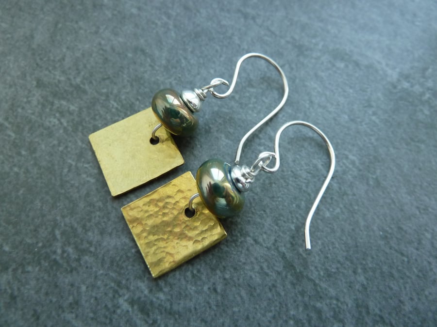 sterling silver earrings, lampwork glass and brass