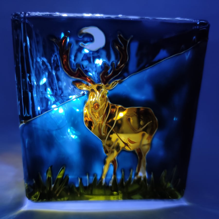 Candle holder, hand painted glass, Red deer stag and doe