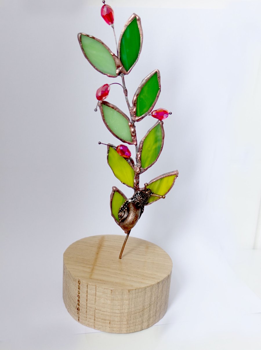 Leaves and Winter Berries Stained Glass Art Suncatcher Ornament on wood base