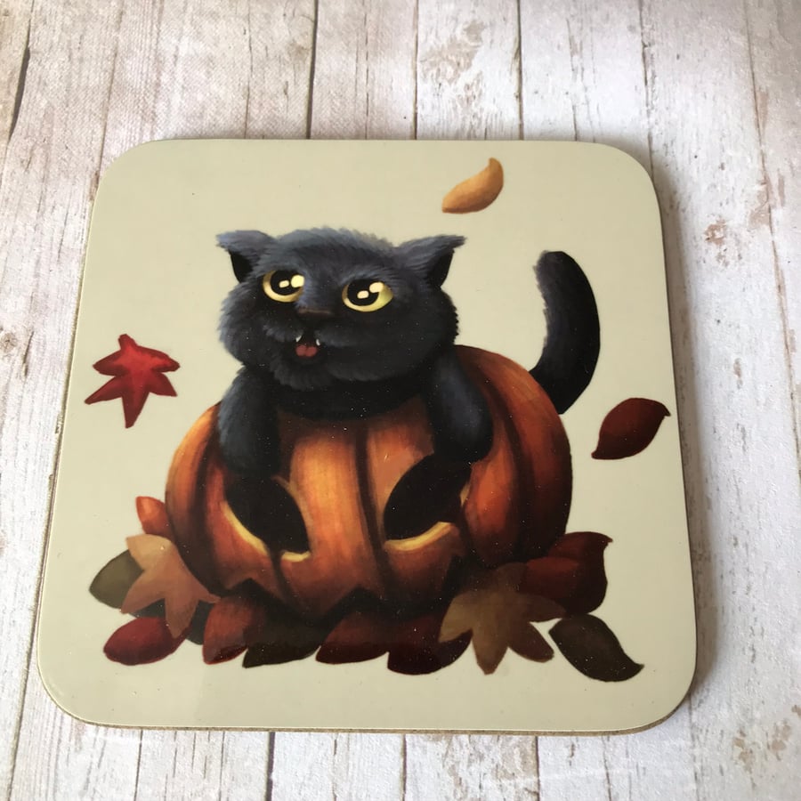Pumpkin Cat Square Coaster