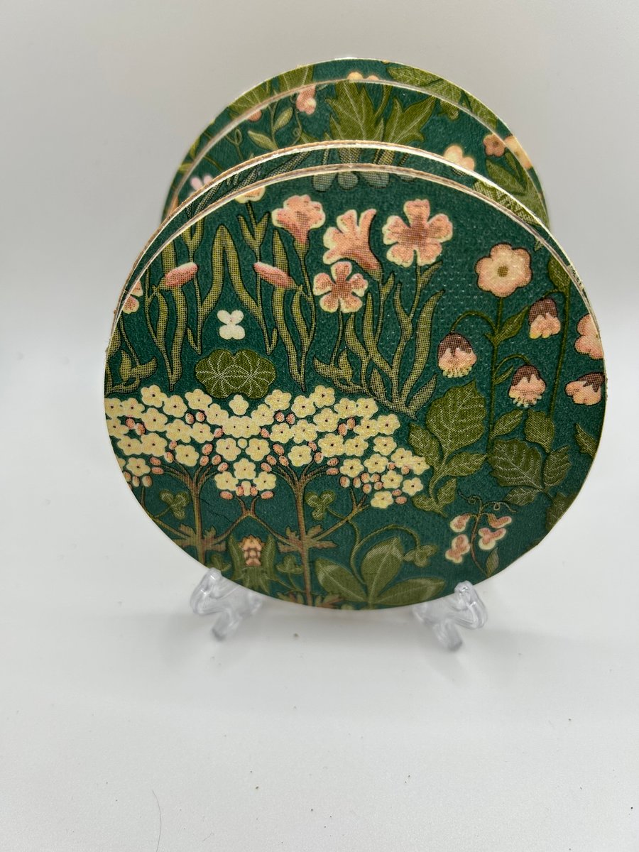 William Morris Style Pine Green Coasters – set of four slimline, round