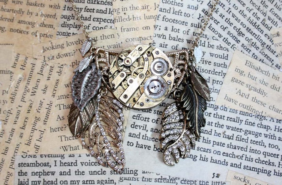 Steampunk Watch Part Leaf Feather Dreamcatcher Gold Necklace