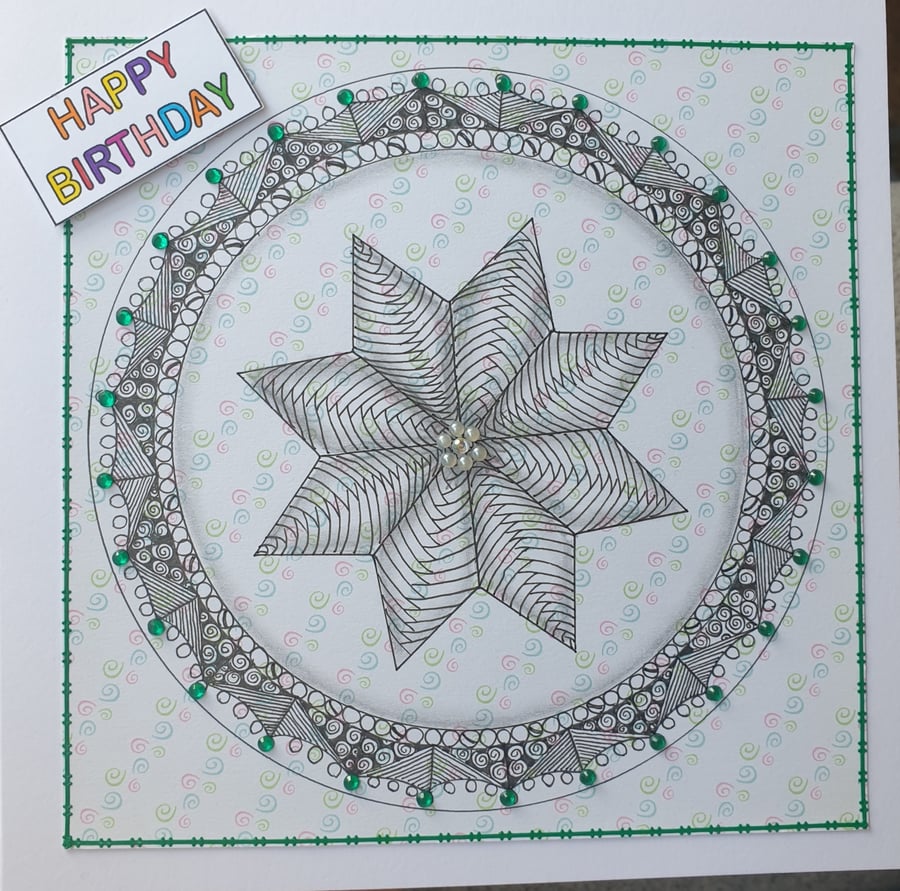 Handmade zentangle flower birthday card