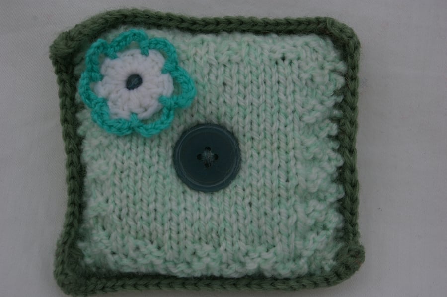 Pin Cushion Hand Knitted in Greens and White