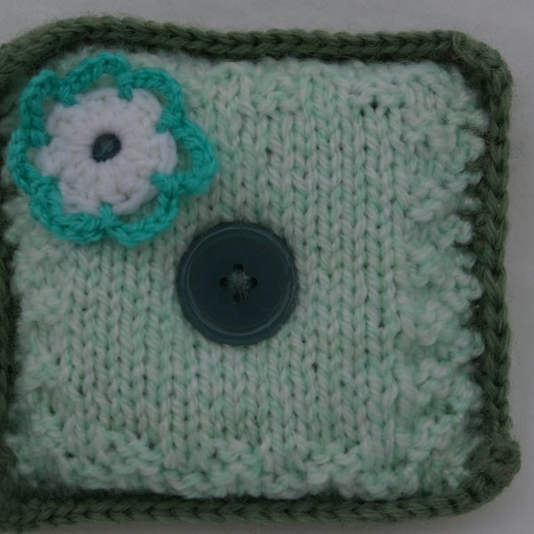 Pin Cushion Hand Knitted in Greens and White