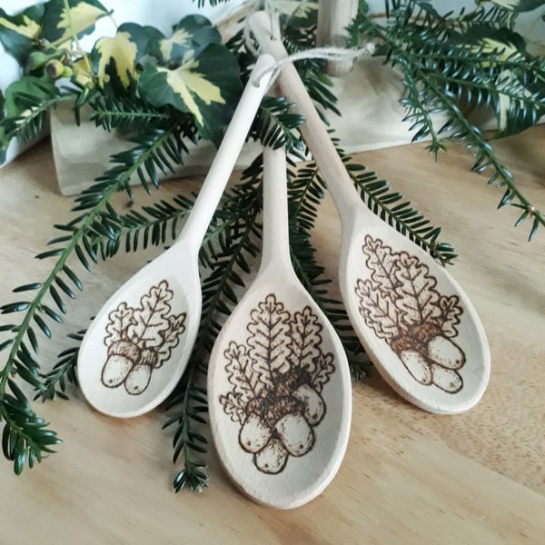 Three pyrography acorn & oak leaf wooden spoons