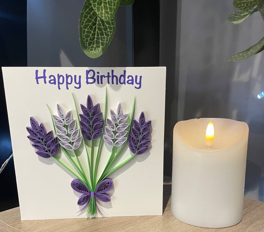 Stunning handmade quilled purple lavender card